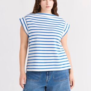 Free Assembly Boatneck Blue and White Striped Cap-Sleeve Top